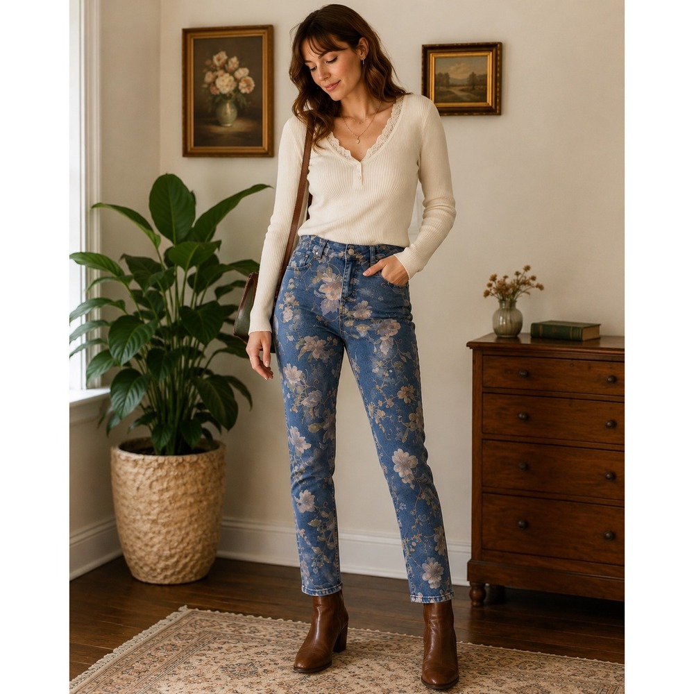 Luvamia Floral Print Skinny Jeans Womens 30x28 Blue Denim Botanical Cottagecore